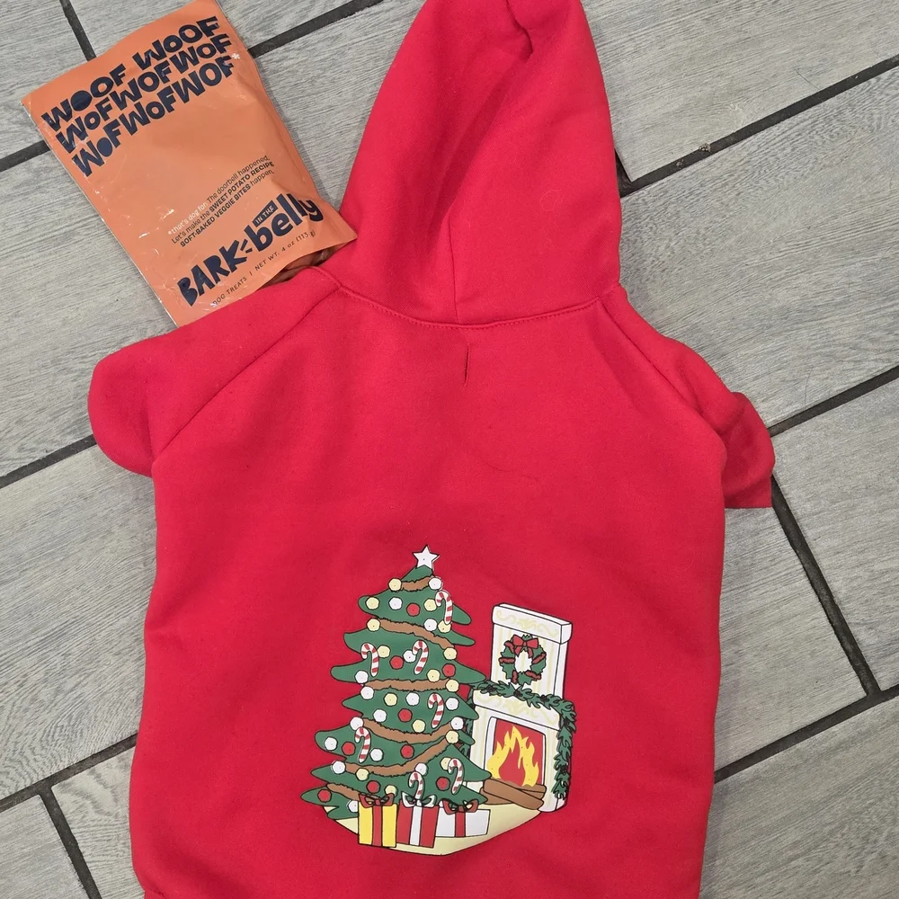 Red Dog Hoodie with Christmas Tree Design‎